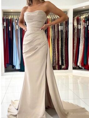 Strapless Dusty Rose Evening Gown with Side Slit